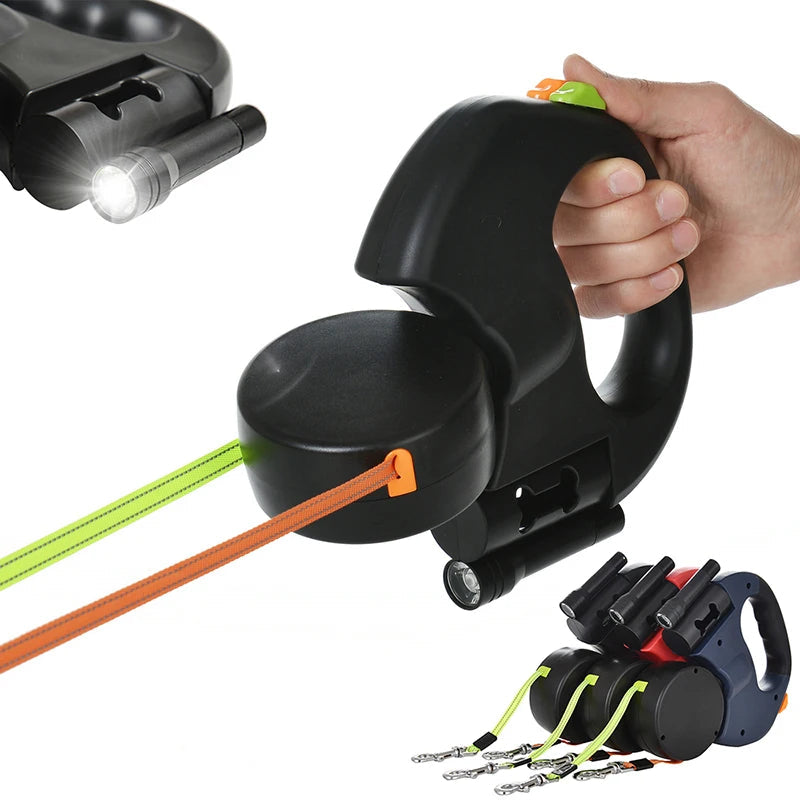 Tangle-Free Dual Retractable Leash with 360° Swivel & Built-In LED Lights