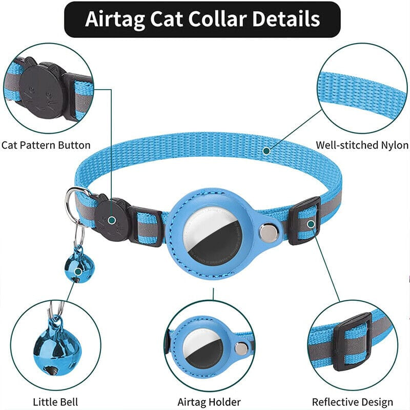 Adjustable Waterproof Pet Airtag Collar - Lightweight Reflective Nylon for Dogs & Cats (22-35cm)